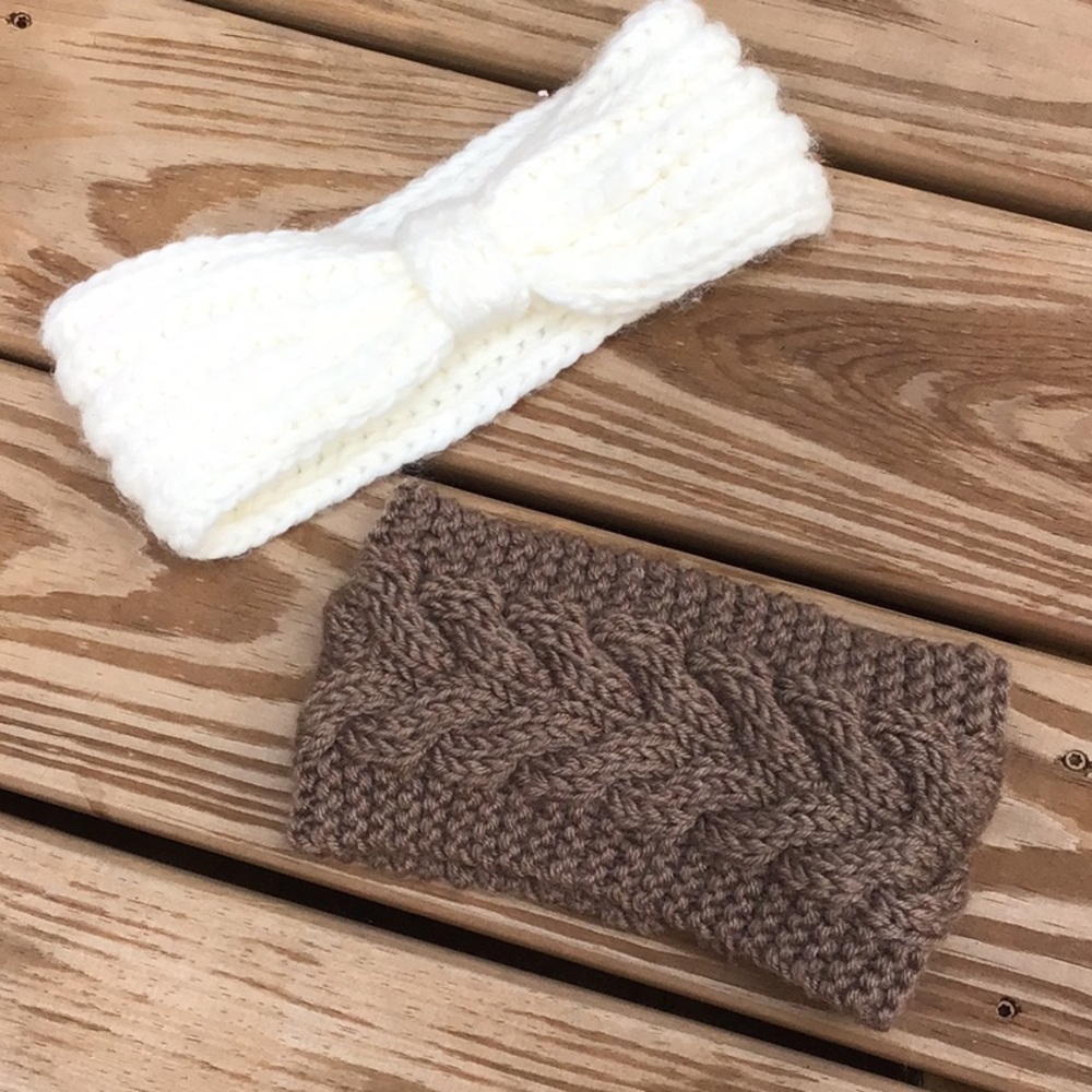 Sale! TWO Knit Headbands/ Ear Warmers Taupe & White